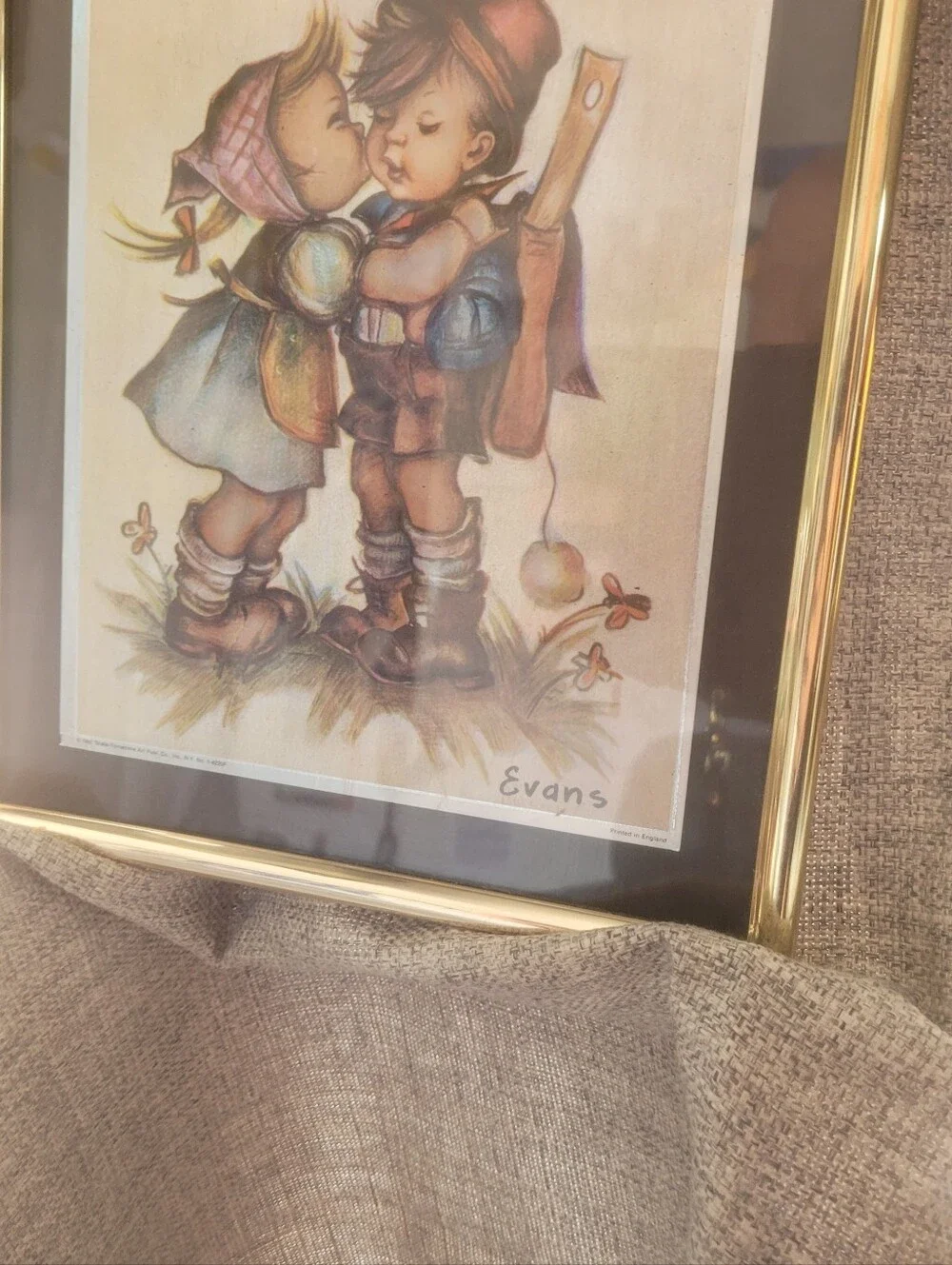 Hummel Lithograph PrintEvans Framed FIRST KISS in Gold and Black